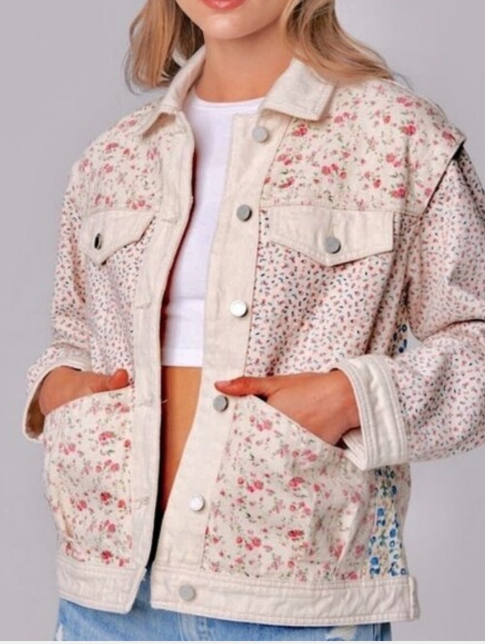 Cottagecore Patchwork Floral Trucker Denim‎ Jacket Womens Size L BlankNYC Prarie